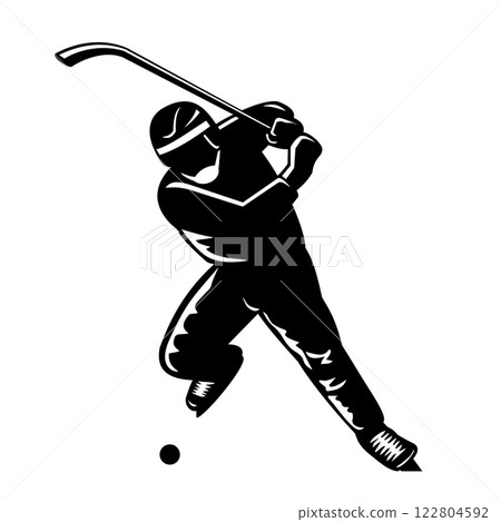 Bandy Player Striking  Ball with Bandy Stick Silhouette Retro 122804592