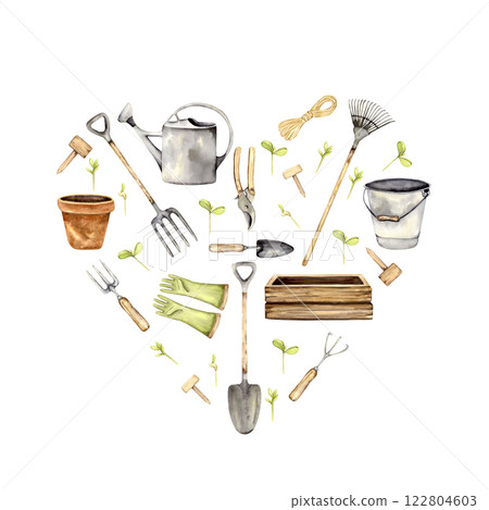 Gardening tools in heart-shaped composition 122804603