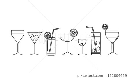 Various cocktails outline. Lemon slice decorations and straws added. Suitable restaurant menu design and bar promotions. Minimalist line art style with white background Various cocktails outline. Lemon slice decorations and straws added. Suitable restaurant menu design and bar promotions. Minimalist line art style with white background 122804639