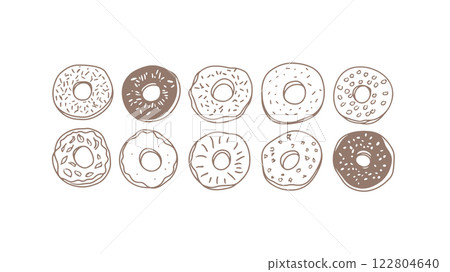 Doodle donuts pattern illustration. Sprinkles and toppings vary style. Perfect menu design pastry shop. Hand-drawn line art neutral background Doodle donuts pattern illustration. Sprinkles and toppings vary style. Perfect menu design pastry shop. Hand-drawn line art neutral background 122804640