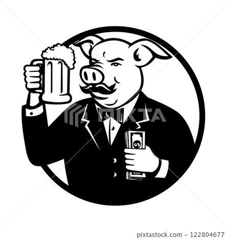 Mister Pig Wearing Tuxedo Holding Beer Mug and Cash Mascot Retro 122804677