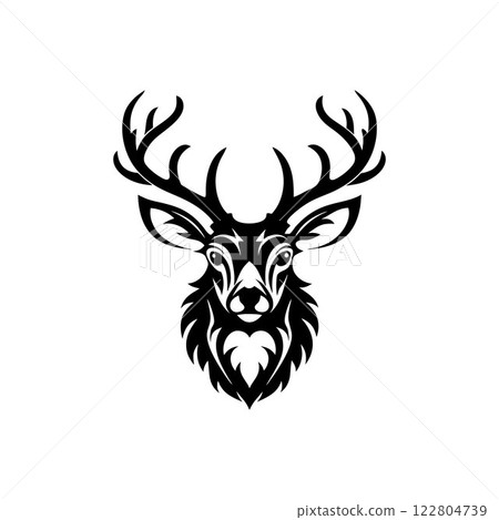 Ornate Black and White Deer Head Silhouette Vector Art Illustration Design 122804739