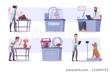 Experiments on animals. Different scientists making experiments in laboratory indoor exact vector illustrations set 122804755