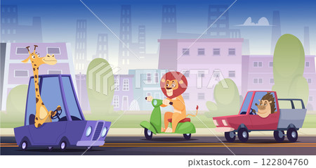 Animal transport. Different cute cars with animals exact vector background illustration in cartoon style 122804760