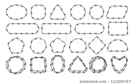 Barbed wire frames. Security zones protection perky lines geometrical shapes and borders dividers recent vector set Barbed wire frames. Security zones protection perky lines geometrical shapes and borders dividers recent vector set 122804767