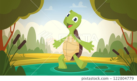 Turtle. amphibian mascot standing on leaf in pond. vector cartoon character Turtle. amphibian mascot standing on leaf in pond. vector cartoon character 122804779