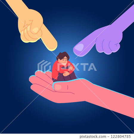 Bullying. big hands pointing on little afraid person concept illustration in vector style 122804785