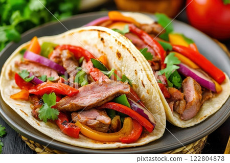 Delicious beef tacos with grilled vegetables, fresh cilantro, and soft tortillas on a rustic plate. appetizing Mexican food 122804878