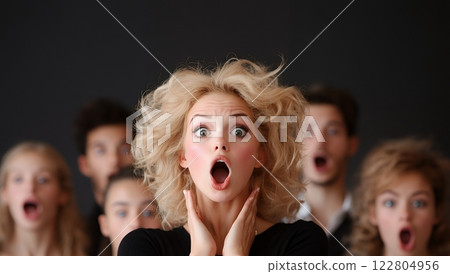 A blonde woman with surprised expression among a blurred group of people, showcasing astonishment and shock 122804956