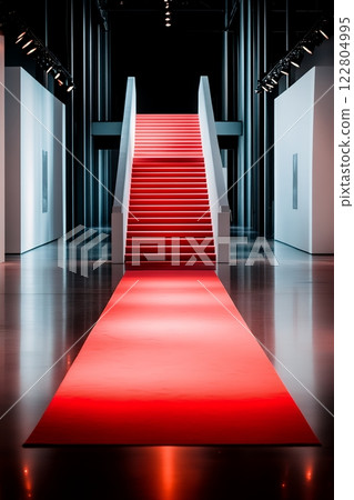 A red carpet leads to a grand staircase in a modern, minimalist gallery space 122804995