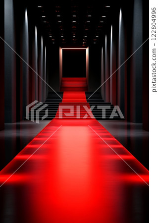 A red carpet leads up a grand staircase in a dark, elegant hallway, creating a dramatic and luxurious scene 122804996