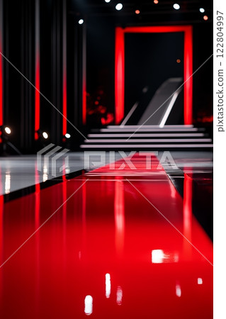 Red runway leads to a dramatic stage with red and black elements, perfect for fashion show or presentation 122804997