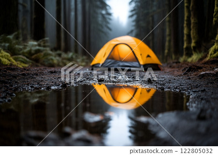 A luminous yellow tent glows warmly amidst a rainy forest, its reflection shimmering in a muddy puddle 122805032