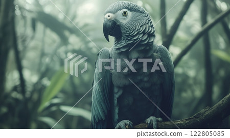A majestic parrot perches on a branch in a misty jungle, surrounded by lush greenery 122805085