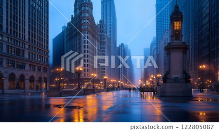 A cityscape at dusk with illuminated buildings reflecting on wet streets, creating a magical ambiance 122805087