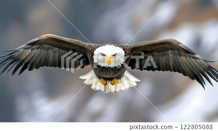A powerful bald eagle soars through the sky, showcasing its impressive wingspan and fierce gaze 122805088