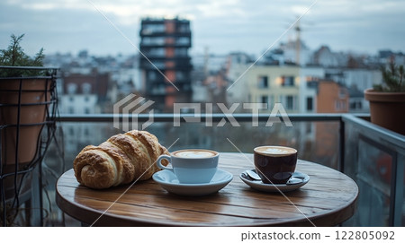 A cozy breakfast setup on a balcony overlooking a cityscape, featuring fresh pastries and coffee 122805092