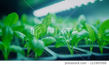 Lush green seedlings growing under bright grow lights, symbolizing modern agriculture and growth Lush green seedlings growing under bright grow lights, symbolizing modern agriculture and growth 122805098