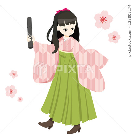 Illustration of a girl wearing pink long sleeves and hakama at a graduation ceremony Illustration of a girl wearing pink long sleeves and hakama at a graduation ceremony 122805174
