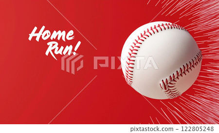 A baseball flies across the red background, enhanced by speed lines and a vibrant Home Run graphic A baseball flies across the red background, enhanced by speed lines and a vibrant Home Run graphic 122805248