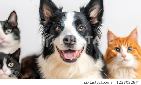 A border collie dog portrait sitting with black and ginger cat 122805267