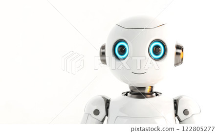 A bubbly robot character with round glowing eyes smiles in a bright, minimalistic environment 122805277