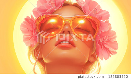 Woman in oversized sunglasses reflects vibrant flowers and a glowing tropical scene 122805330