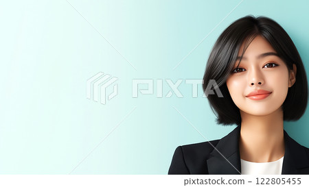 A young professional Asian woman with a bob haircut smiles confidently on copy space blue background 122805455