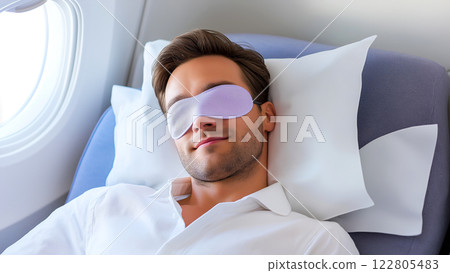 Businessman rests peacefully in his seat on a plane, wearing an eye mask for sleep 122805483