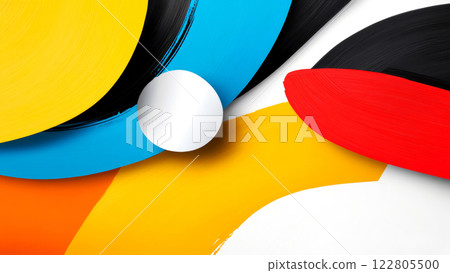 Vibrant brush strokes in bold shades intertwine, forming an energetic abstract composition 122805500