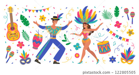 Brazil Carnival set with man and woman in costumes with feathers, guitar, maracas, drums, masks, flowers, leaves, garlands and confetti. Music festival. Vector flat illustration for banner, poster Brazil Carnival set with man and woman in costumes with feathers, guitar, maracas, drums, masks, flowers, leaves, garlands and confetti. Music festival. Vector flat illustration for banner, poster 122805505