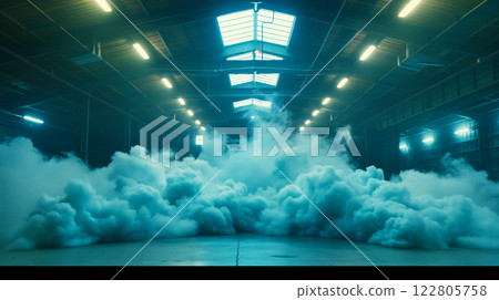 Mysterious turquoise smoke filling industrial warehouse interior 122805758