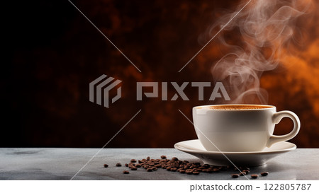 Steaming cup of coffee with coffee beans on a table 122805787