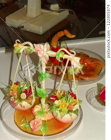 Strawberry Garnished Finger Food on Tableware Strawberry Garnished Finger Food on Tableware 122805874