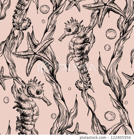 Underwater world clipart with sea animals seahorse, starfish, bubbles and algae. Graphic illustration hand drawn in black ink. Seamless pattern EPS vector on a coral background. Underwater world clipart with sea animals seahorse, starfish, bubbles and algae. Graphic illustration hand drawn in black ink. Seamless pattern EPS vector on a coral background. 122805956