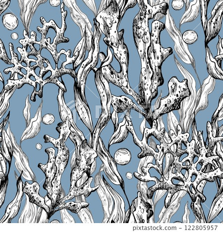 Underwater world clipart with sea animals, bubbles, coral and algae. Graphic illustration hand drawn in black ink. Seamless pattern EPS vector on a blue background. 122805957