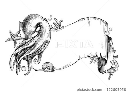 Paper banner scroll, in marine theme with underwater animals, octopus, starfish, corals, shell, fish and bubbles. Graphic illustration hand drawn in black ink. Template, frame, board EPS vector Paper banner scroll, in marine theme with underwater animals, octopus, starfish, corals, shell, fish and bubbles. Graphic illustration hand drawn in black ink. Template, frame, board EPS vector 122805958