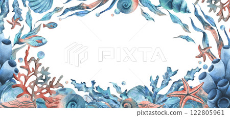 Underwater world with sea animals, shells, corals, fish, seaweed, starfish and bubbles. Hand drawn watercolor illustration. Marine rectangular horizontal frame, banner, template for text. Underwater world with sea animals, shells, corals, fish, seaweed, starfish and bubbles. Hand drawn watercolor illustration. Marine rectangular horizontal frame, banner, template for text. 122805961
