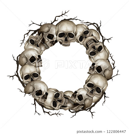 Frame with skulls in a circle and dry bare branches. Watercolor illustration isolated from the background. Hand drawn template for Halloween, Gothic design, logo, packaging, web design, greeting card Frame with skulls in a circle and dry bare branches. Watercolor illustration isolated from the background. Hand drawn template for Halloween, Gothic design, logo, packaging, web design, greeting card 122806447