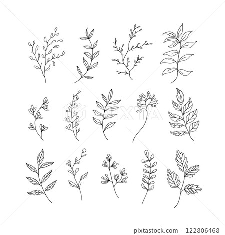 A collection of hand-drawn botanical elements with intricate floral details. Suitable for digital art, fabric prints, greeting cards, and branding. A collection of hand-drawn botanical elements with intricate floral details. Suitable for digital art, fabric prints, greeting cards, and branding. 122806468