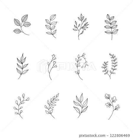 A collection of simple botanical illustrations with minimalistic leaves and floral elements. Ideal for modern logos, branding, packaging, and invitations. A collection of simple botanical illustrations with minimalistic leaves and floral elements. Ideal for modern logos, branding, packaging, and invitations. 122806469