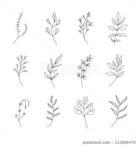 A collection of simple botanical illustrations with minimalistic leaves and floral elements. Ideal for modern logos, branding, packaging, and invitations. A collection of simple botanical illustrations with minimalistic leaves and floral elements. Ideal for modern logos, branding, packaging, and invitations. 122806470