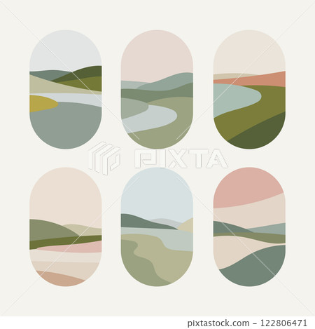 A large set of abstract landscape illustrations with rolling hills, rivers, and soft earthy tones. Perfect for modern posters, digital art, and stylish home decor. A large set of abstract landscape illustrations with rolling hills, rivers, and soft earthy tones. Perfect for modern posters, digital art, and stylish home decor. 122806471