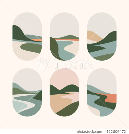 A set of modern abstract landscapes with hills and rivers in soft, earthy tones. Designed for interior decoration, posters, and stylish digital prints. A set of modern abstract landscapes with hills and rivers in soft, earthy tones. Designed for interior decoration, posters, and stylish digital prints. 122806472