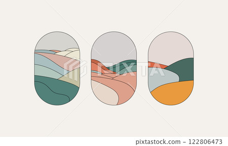 A minimalist collection of abstract landscape designs with geometric shapes and soft, natural colors. Suitable for posters, branding, and stylish decor. A minimalist collection of abstract landscape designs with geometric shapes and soft, natural colors. Suitable for posters, branding, and stylish decor. 122806473