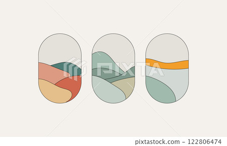 A minimalist collection of abstract landscape designs with geometric shapes and soft, natural colors. Suitable for posters, branding, and stylish decor. A minimalist collection of abstract landscape designs with geometric shapes and soft, natural colors. Suitable for posters, branding, and stylish decor. 122806474