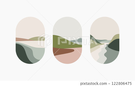 A set of minimalist abstract landscapes with hills, a river, and mountains in natural green, beige, and brown tones. A set of minimalist abstract landscapes with hills, a river, and mountains in natural green, beige, and brown tones. 122806475