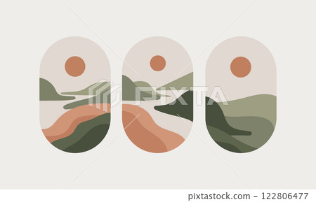 A collection of abstract landscape compositions with rolling hills and the sun in warm, earthy colors. Ideal for posters, art prints, and digital decor. 122806477