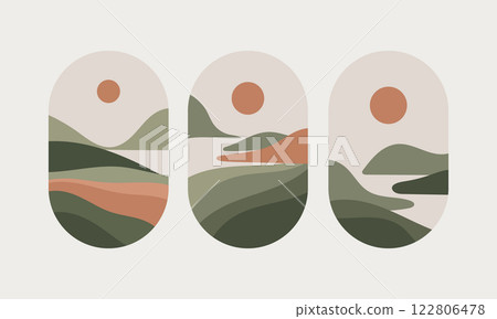 A collection of abstract landscape compositions with rolling hills and the sun in warm, earthy colors. Ideal for posters, art prints, and digital decor. 122806478