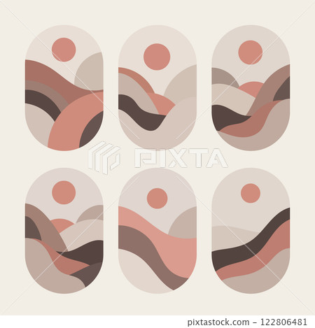 Abstract minimalist landscape with earthy tones and soft geometric shapes. Aesthetic digital artwork inspired by nature. 122806481